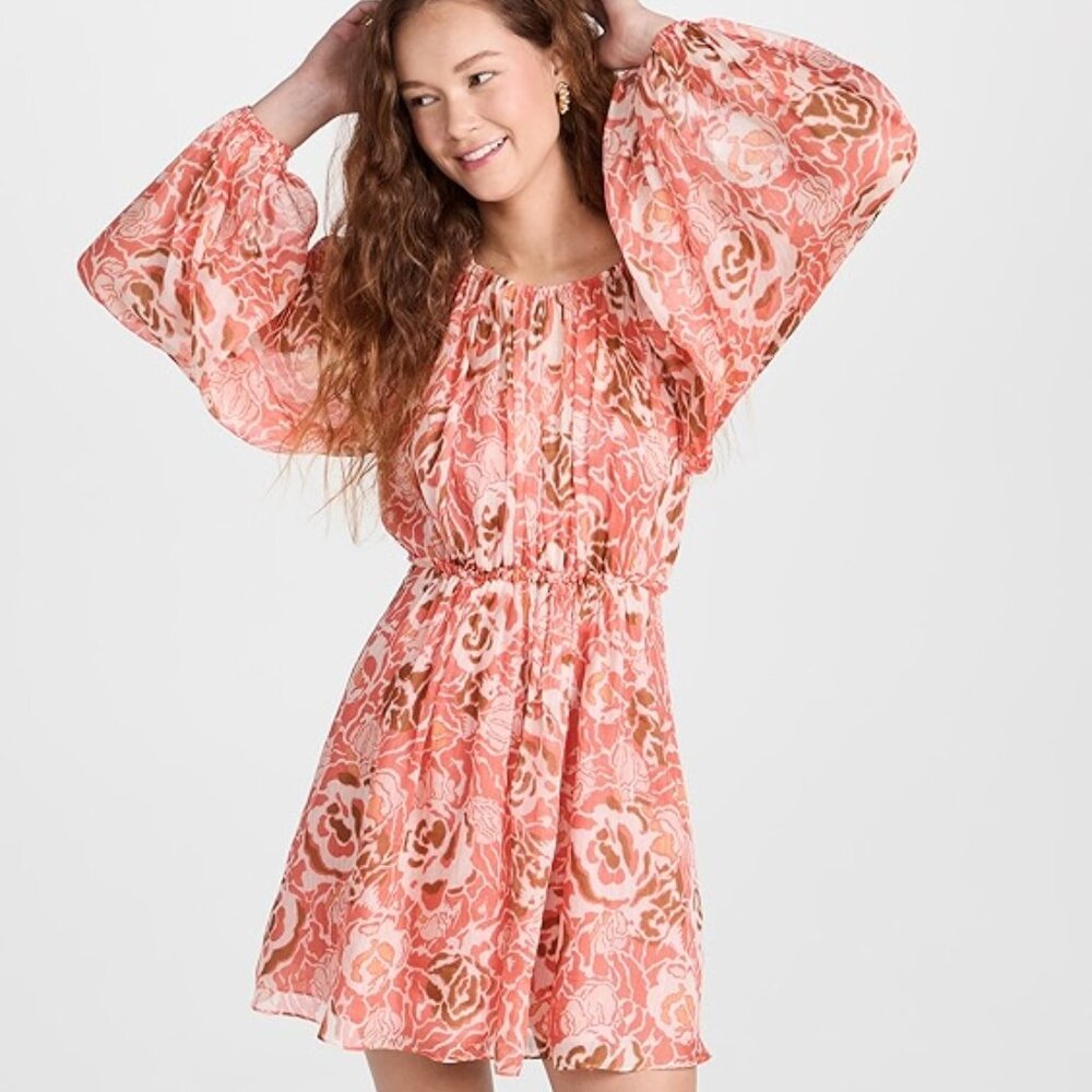 Tanya Taylor | York Pleated Floral Linen Silk Mini Dress in Guava Multi NWT